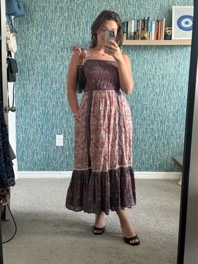 Haute Hippie Smocked Floral Tiered Maxi Dress in purple and Cream Size 8